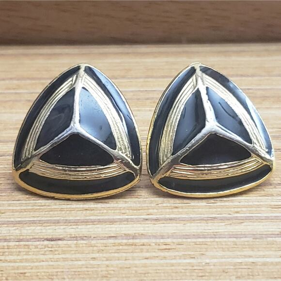 Wishbone Triangle Post Earrings Black and Gold - Picture 5 of 6